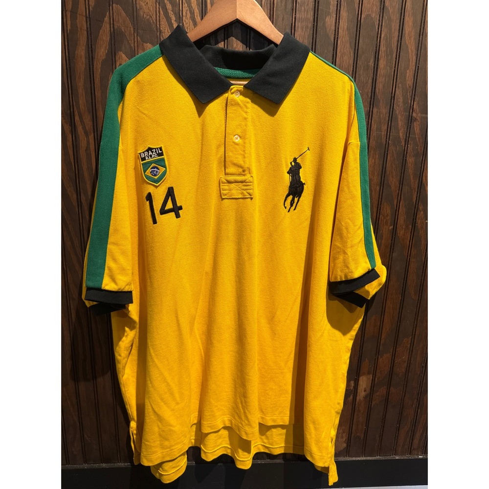 Polo Ralph Lauren Brazil World Cup Soccer Polo Shirt Big Pony Yellow Mens 32x35